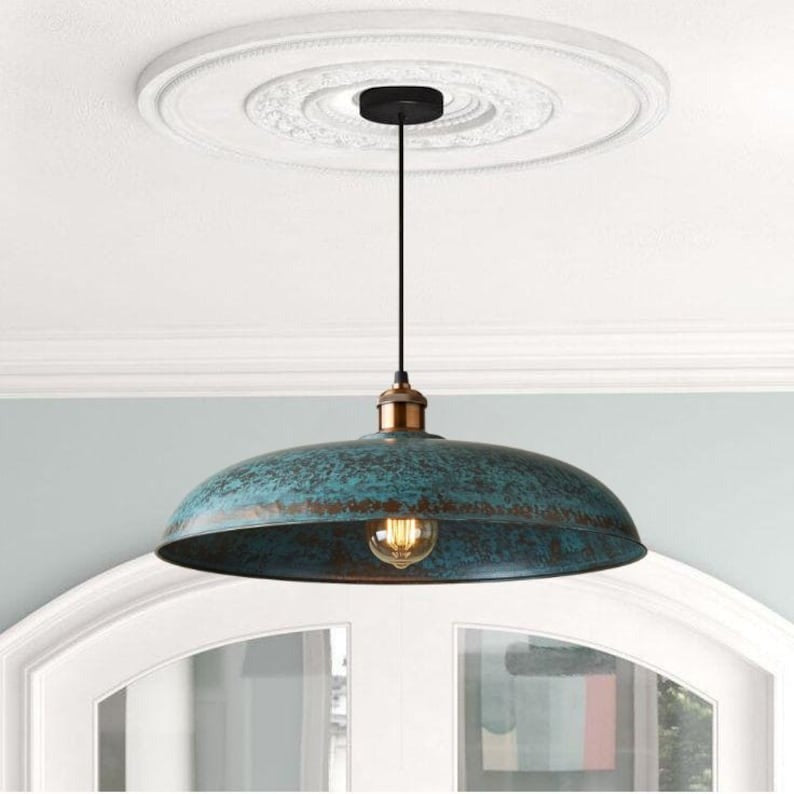 Handmade Blue Patina Brass Pendant Light – Moroccan Wide Saucer Dome Hanging Lamp with Copper Brass Hardware for Kitchen Island, Dining Room & Boho Home Décor