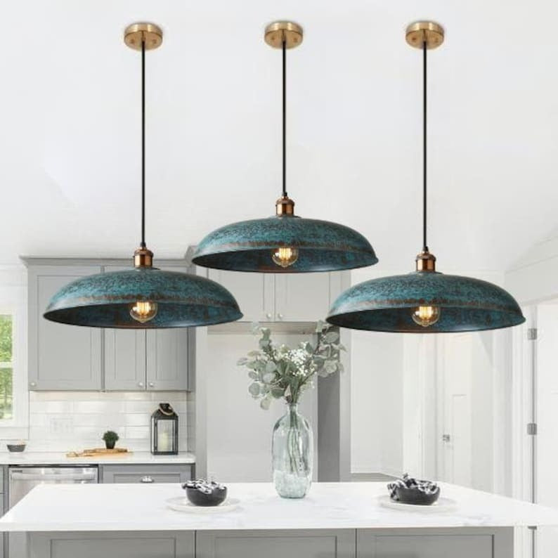 Handmade Blue Patina Brass Pendant Light – Moroccan Wide Saucer Dome Hanging Lamp with Copper Brass Hardware for Kitchen Island, Dining Room & Boho Home Décor