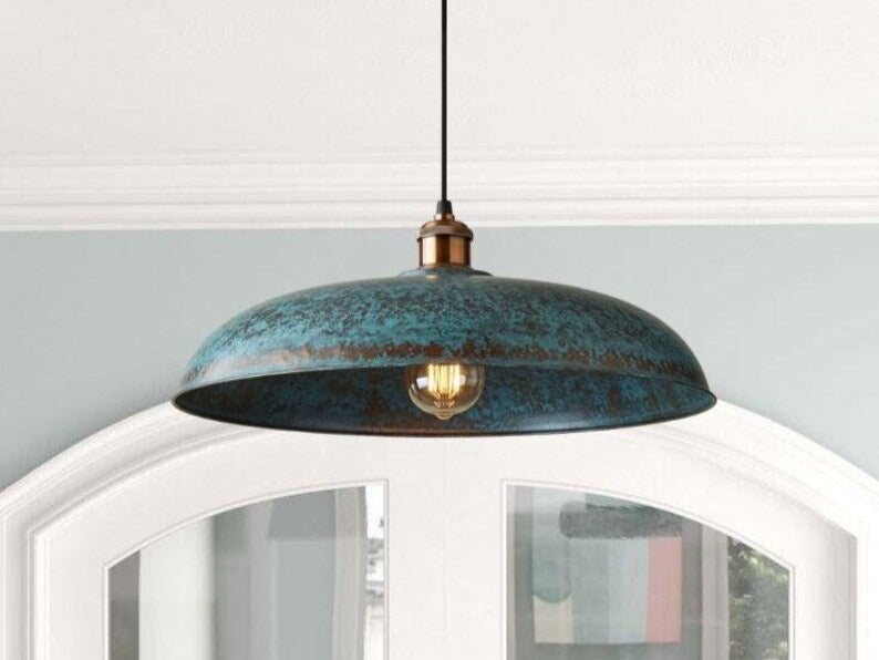 Handmade Blue Patina Brass Pendant Light – Moroccan Wide Saucer Dome Hanging Lamp with Copper Brass Hardware for Kitchen Island, Dining Room & Boho Home Décor