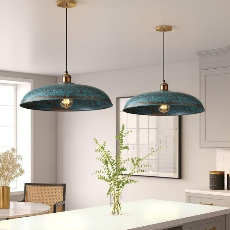 Handmade Blue Patina Brass Pendant Light – Moroccan Wide Saucer Dome Hanging Lamp with Copper Brass Hardware for Kitchen Island, Dining Room & Boho Home Décor