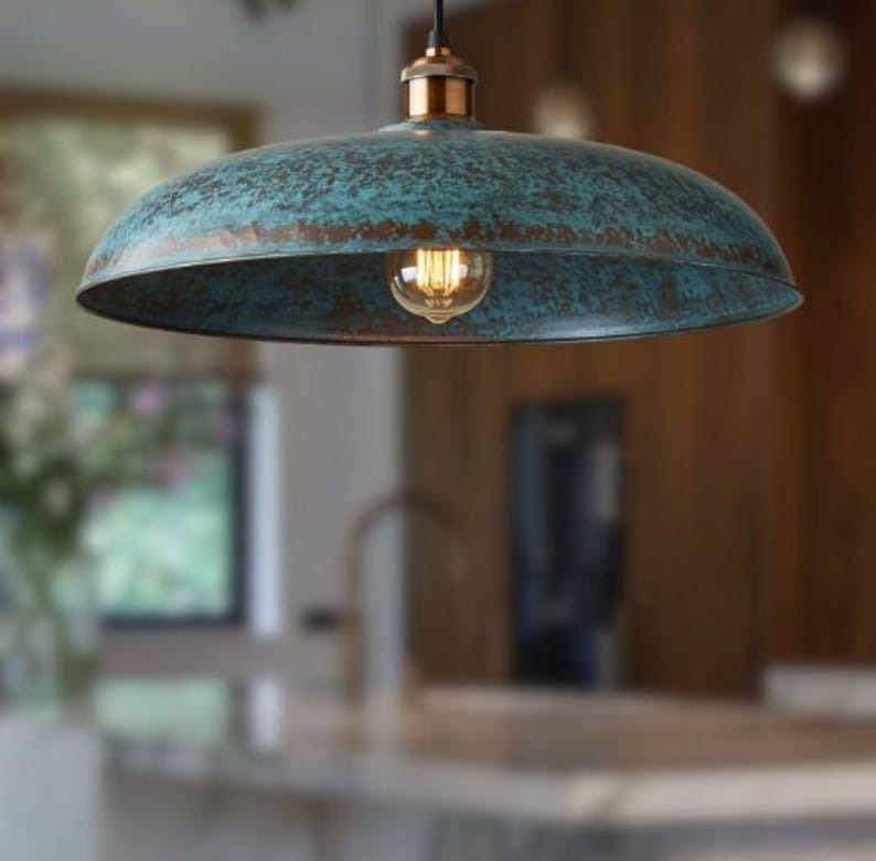 Handmade Blue Patina Brass Pendant Light – Moroccan Wide Saucer Dome Hanging Lamp with Copper Brass Hardware for Kitchen Island, Dining Room & Boho Home Décor