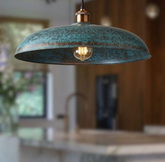Handmade Blue Patina Brass Pendant Light – Moroccan Wide Saucer Dome Hanging Lamp with Copper Brass Hardware for Kitchen Island, Dining Room & Boho Home Décor