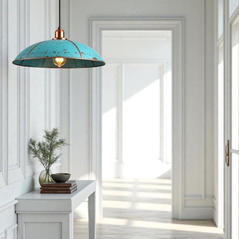 Handmade Verdigris Brass Pendant Light – Wide Turquoise Dome Ceiling Lamp with Copper Accents for Kitchen Island, Dining Room, Entryway and Modern Farmhouse Décor