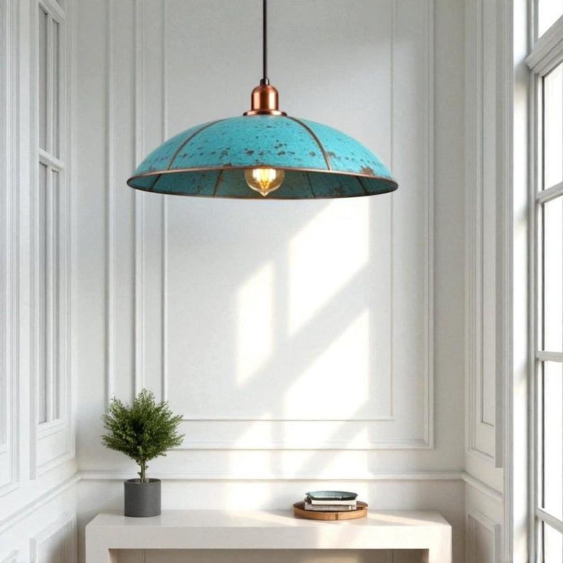 Handmade Verdigris Brass Pendant Light – Wide Turquoise Dome Ceiling Lamp with Copper Accents for Kitchen Island, Dining Room, Entryway and Modern Farmhouse Décor