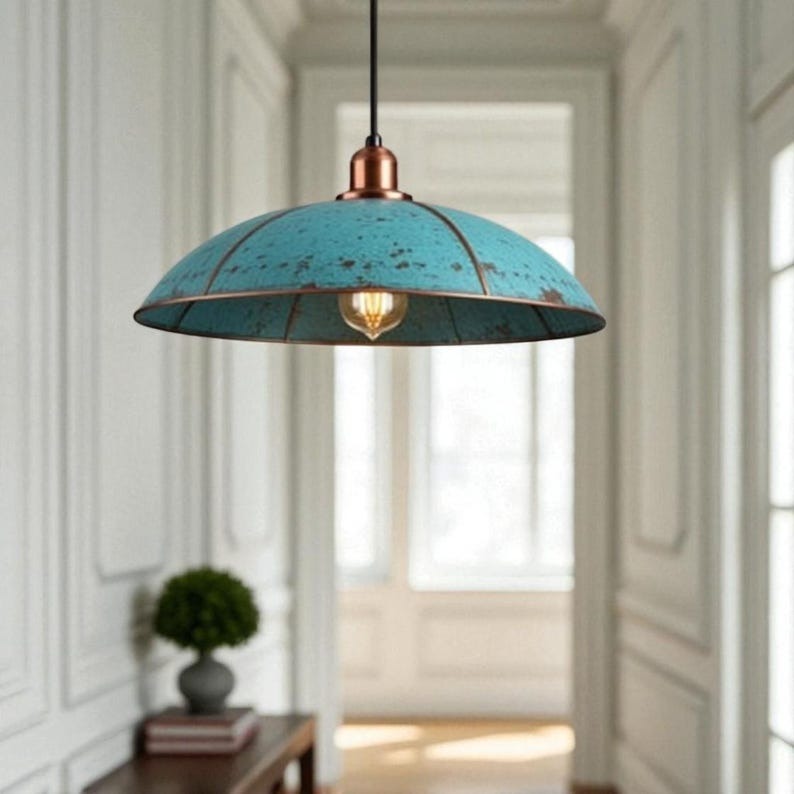 Handmade Verdigris Brass Pendant Light – Wide Turquoise Dome Ceiling Lamp with Copper Accents for Kitchen Island, Dining Room, Entryway and Modern Farmhouse Décor