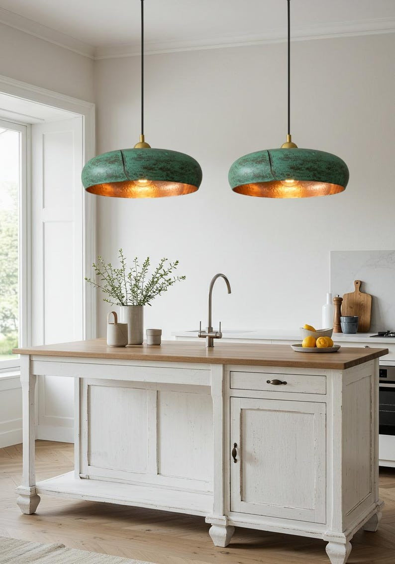 Handmade Moroccan Brass Pendant Light – Wide Verdigris Ring Ceiling Lamp with Hammered Copper Interior and Organic Modern Design