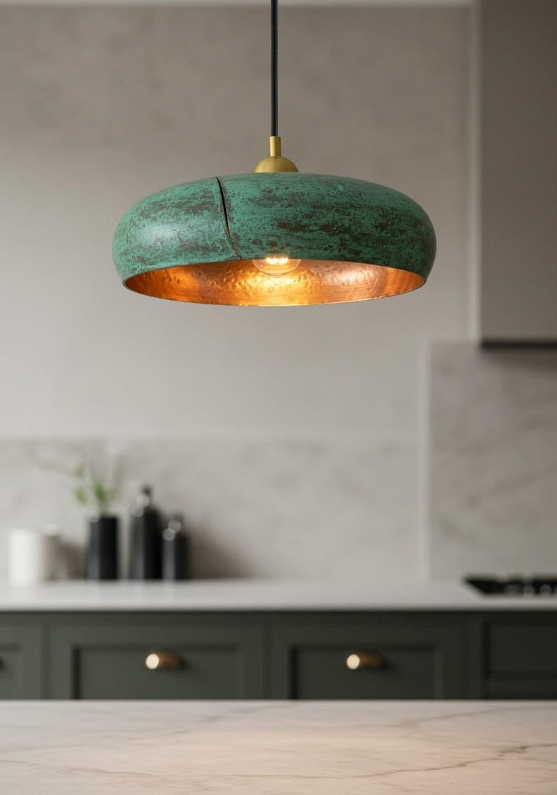 Handmade Moroccan Brass Pendant Light – Wide Verdigris Ring Ceiling Lamp with Hammered Copper Interior and Organic Modern Design