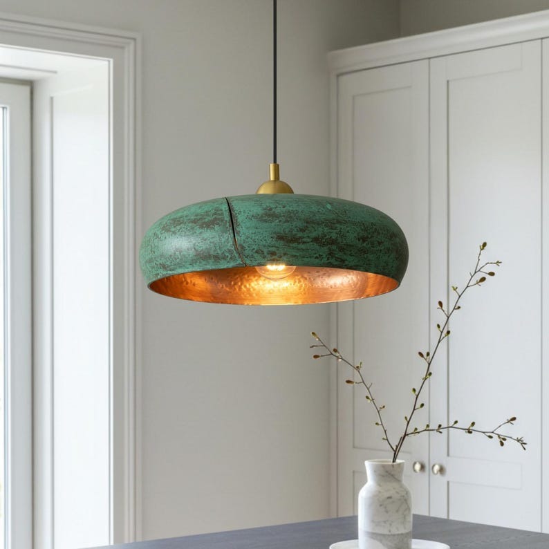 Handmade Moroccan Brass Pendant Light – Wide Verdigris Ring Ceiling Lamp with Hammered Copper Interior and Organic Modern Design