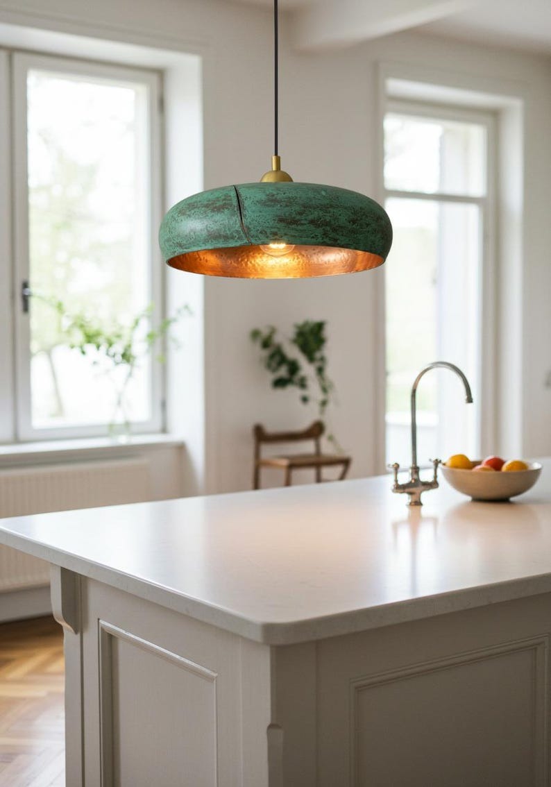 Handmade Moroccan Brass Pendant Light – Wide Verdigris Ring Ceiling Lamp with Hammered Copper Interior and Organic Modern Design