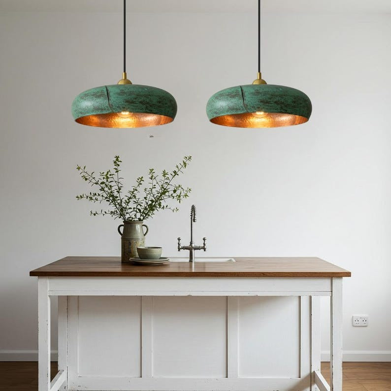 Handmade Moroccan Brass Pendant Light – Wide Verdigris Ring Ceiling Lamp with Hammered Copper Interior and Organic Modern Design