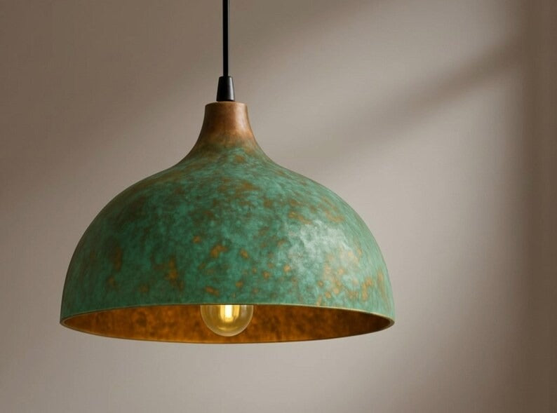 Handmade Green Patina Brass Pendant Light – Moroccan Wide Dome Hanging Lamp for Kitchen Island, Dining Room, Living Room & Rustic Boho Home Decor