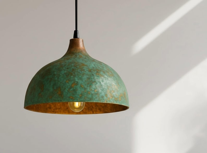 Handmade Green Patina Brass Pendant Light – Moroccan Wide Dome Hanging Lamp for Kitchen Island, Dining Room, Living Room & Rustic Boho Home Decor