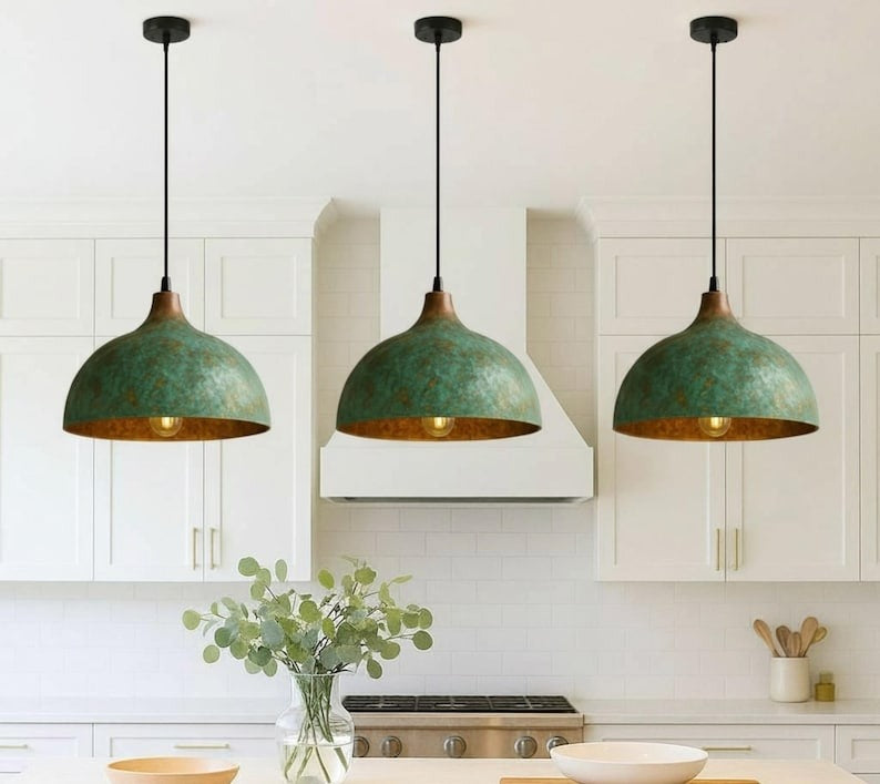 Handmade Green Patina Brass Pendant Light – Moroccan Wide Dome Hanging Lamp for Kitchen Island, Dining Room, Living Room & Rustic Boho Home Decor