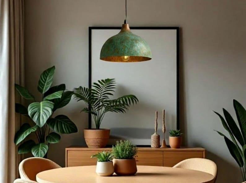 Handmade Green Patina Brass Pendant Light – Moroccan Wide Dome Hanging Lamp for Kitchen Island, Dining Room, Living Room & Rustic Boho Home Decor