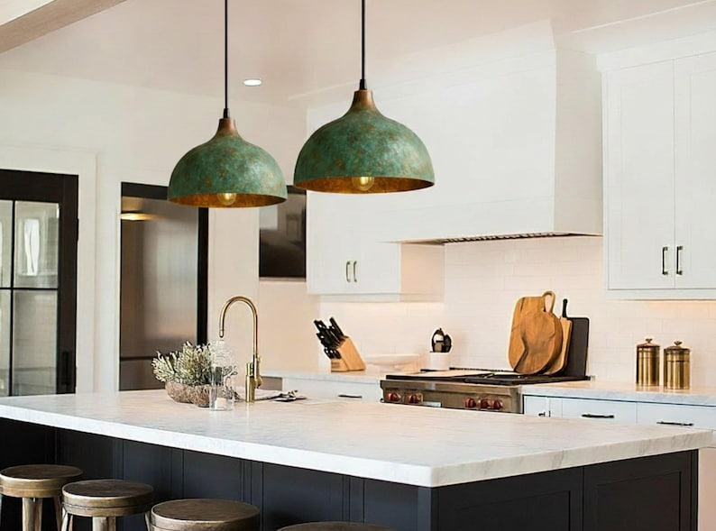 Handmade Green Patina Brass Pendant Light – Moroccan Wide Dome Hanging Lamp for Kitchen Island, Dining Room, Living Room & Rustic Boho Home Decor