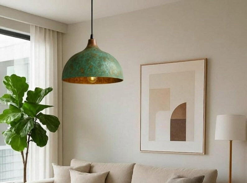 Handmade Green Patina Brass Pendant Light – Moroccan Wide Dome Hanging Lamp for Kitchen Island, Dining Room, Living Room & Rustic Boho Home Decor