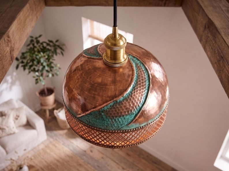 Handmade Moroccan Brass Dome Pendant Light – Hammered Copper and Turquoise Verdigris Hanging Lamp with Diamond Lattice Band, Sculptural Wrapped Detail and Warm Brass Interior