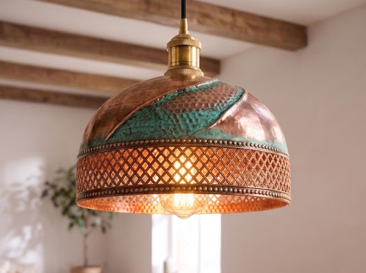 Handmade Moroccan Brass Dome Pendant Light – Hammered Copper and Turquoise Verdigris Hanging Lamp with Diamond Lattice Band, Sculptural Wrapped Detail and Warm Brass Interior