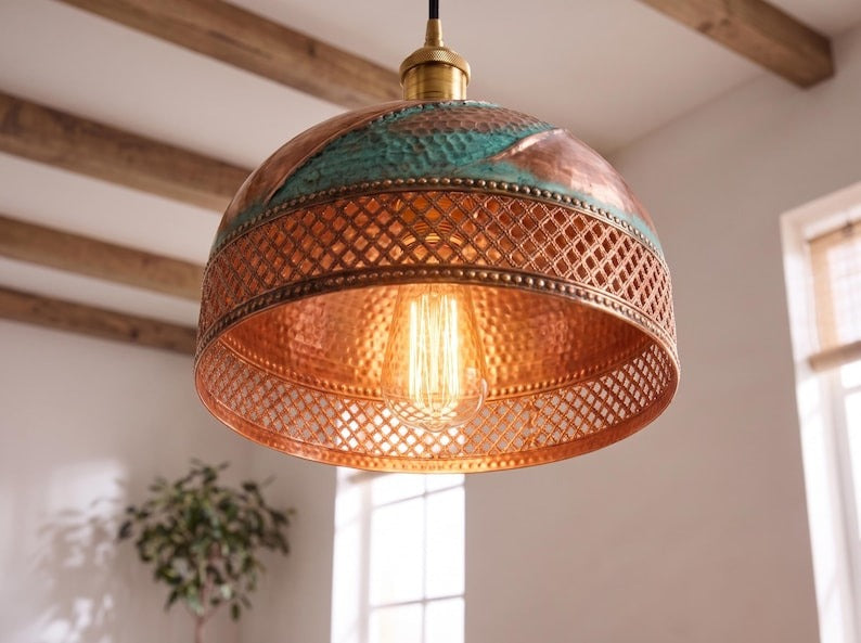 Handmade Moroccan Brass Dome Pendant Light – Hammered Copper and Turquoise Verdigris Hanging Lamp with Diamond Lattice Band, Sculptural Wrapped Detail and Warm Brass Interior