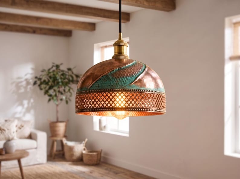 Handmade Moroccan Brass Dome Pendant Light – Hammered Copper and Turquoise Verdigris Hanging Lamp with Diamond Lattice Band, Sculptural Wrapped Detail and Warm Brass Interior