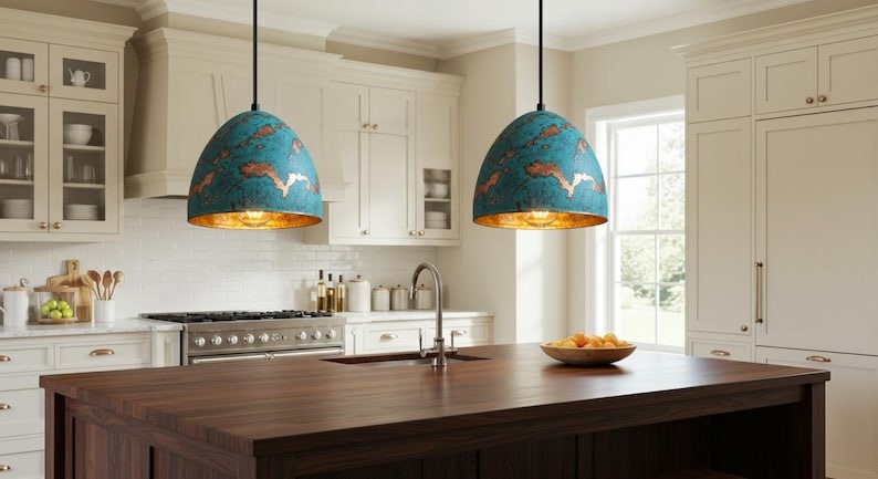 Handmade Blue Patina Brass Pendant Light – Moroccan Dome Hanging Lamp with Copper Accents & Warm Gold Interior for Kitchen Island, Dining Room & Boho Home Décor