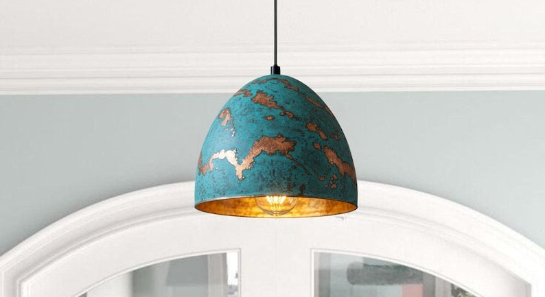 Handmade Blue Patina Brass Pendant Light – Moroccan Dome Hanging Lamp with Copper Accents & Warm Gold Interior for Kitchen Island, Dining Room & Boho Home Décor