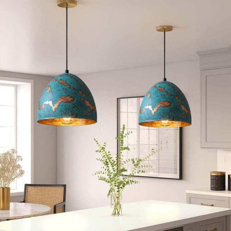 Handmade Blue Patina Brass Pendant Light – Moroccan Dome Hanging Lamp with Copper Accents & Warm Gold Interior for Kitchen Island, Dining Room & Boho Home Décor