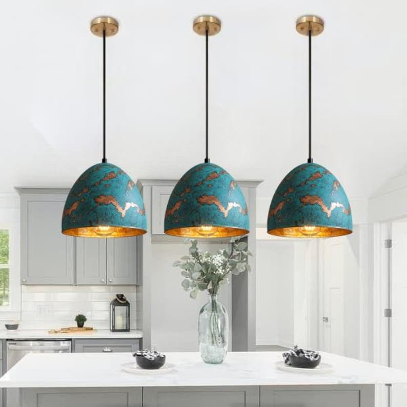 Handmade Blue Patina Brass Pendant Light – Moroccan Dome Hanging Lamp with Copper Accents & Warm Gold Interior for Kitchen Island, Dining Room & Boho Home Décor