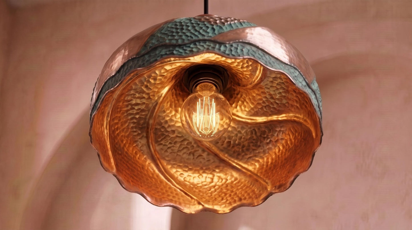 Handmade Moroccan Brass Pendant Light – Sculptural Hammered Dome Ceiling Lamp with Verdigris Patina, Copper Panels & Scalloped Edge