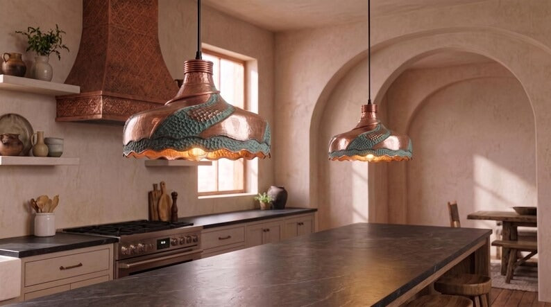 Handmade Moroccan Brass Pendant Light – Sculptural Hammered Dome Ceiling Lamp with Verdigris Patina, Copper Panels & Scalloped Edge