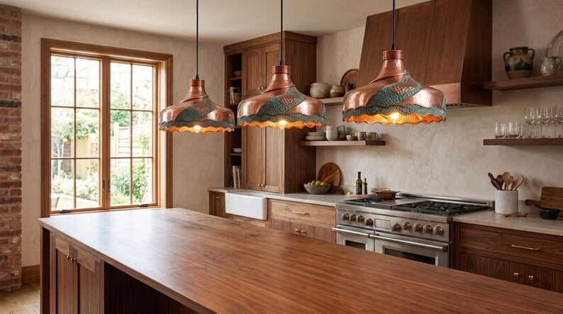 Handmade Moroccan Brass Pendant Light – Sculptural Hammered Dome Ceiling Lamp with Verdigris Patina, Copper Panels & Scalloped Edge