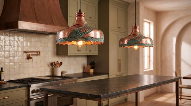 Handmade Moroccan Brass Pendant Light – Sculptural Hammered Dome Ceiling Lamp with Verdigris Patina, Copper Panels & Scalloped Edge