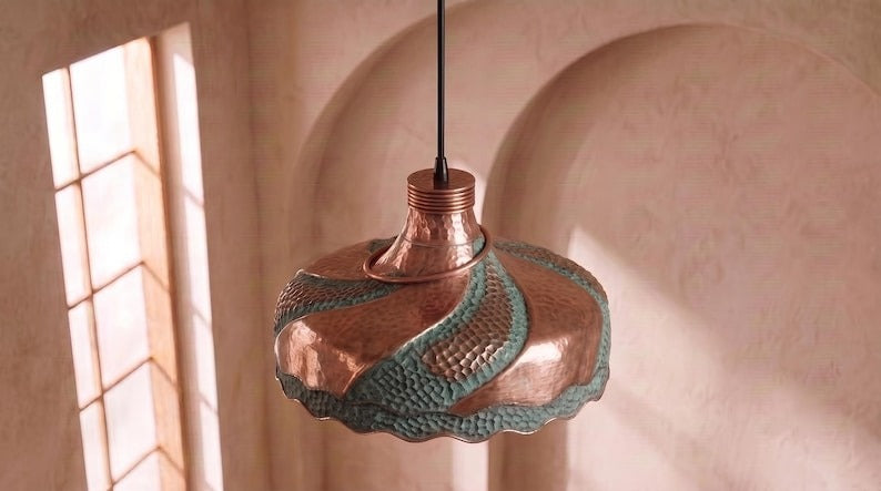 Handmade Moroccan Brass Pendant Light – Sculptural Hammered Dome Ceiling Lamp with Verdigris Patina, Copper Panels & Scalloped Edge