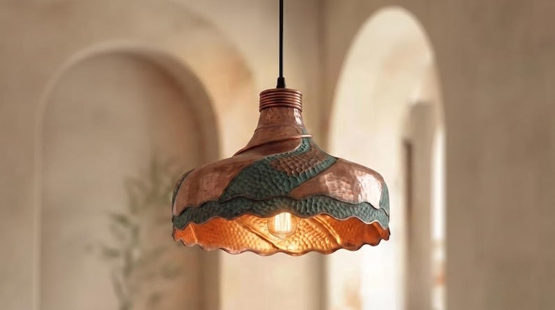 Handmade Moroccan Brass Pendant Light – Sculptural Hammered Dome Ceiling Lamp with Verdigris Patina, Copper Panels & Scalloped Edge