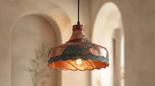 Handmade Moroccan Brass Pendant Light – Sculptural Hammered Dome Ceiling Lamp with Verdigris Patina, Copper Panels & Scalloped Edge