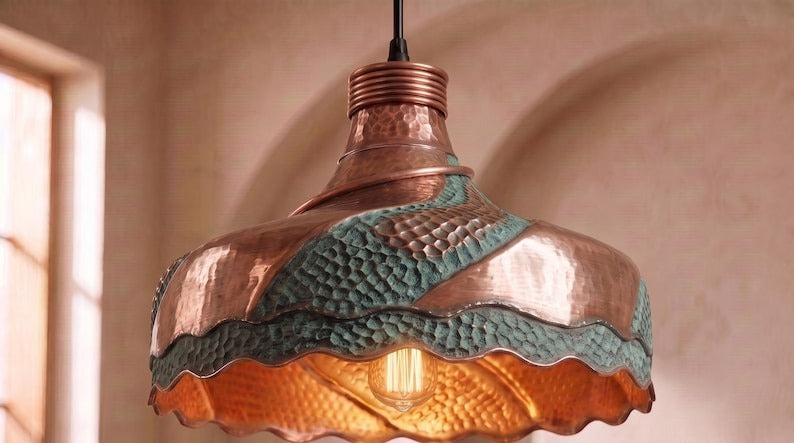 Handmade Moroccan Brass Pendant Light – Sculptural Hammered Dome Ceiling Lamp with Verdigris Patina, Copper Panels & Scalloped Edge