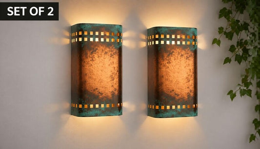 Handmade Moroccan Brass Wall Sconce – Copper & Turquoise Patina Cylinder Wall Light with Square Cutouts, Rustic Mediterranean Accent Lighting