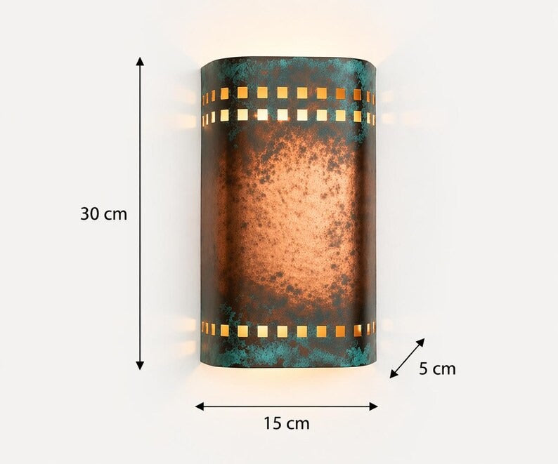 Handmade Moroccan Brass Wall Sconce – Copper & Turquoise Patina Cylinder Wall Light with Square Cutouts, Rustic Mediterranean Accent Lighting