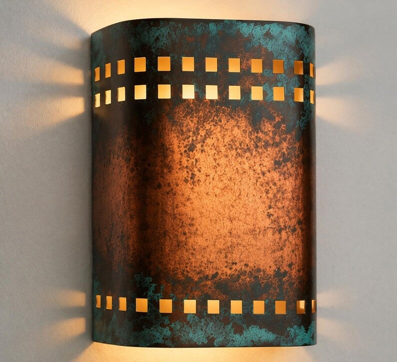 Handmade Moroccan Brass Wall Sconce – Copper & Turquoise Patina Cylinder Wall Light with Square Cutouts, Rustic Mediterranean Accent Lighting