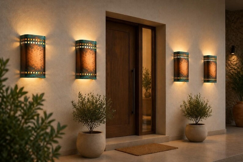 Handmade Moroccan Brass Wall Sconce – Copper & Turquoise Patina Cylinder Wall Light with Square Cutouts, Rustic Mediterranean Accent Lighting