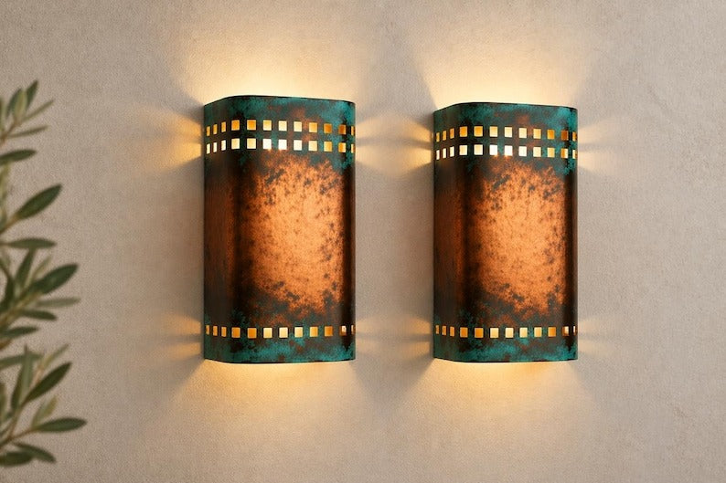 Handmade Moroccan Brass Wall Sconce – Copper & Turquoise Patina Cylinder Wall Light with Square Cutouts, Rustic Mediterranean Accent Lighting