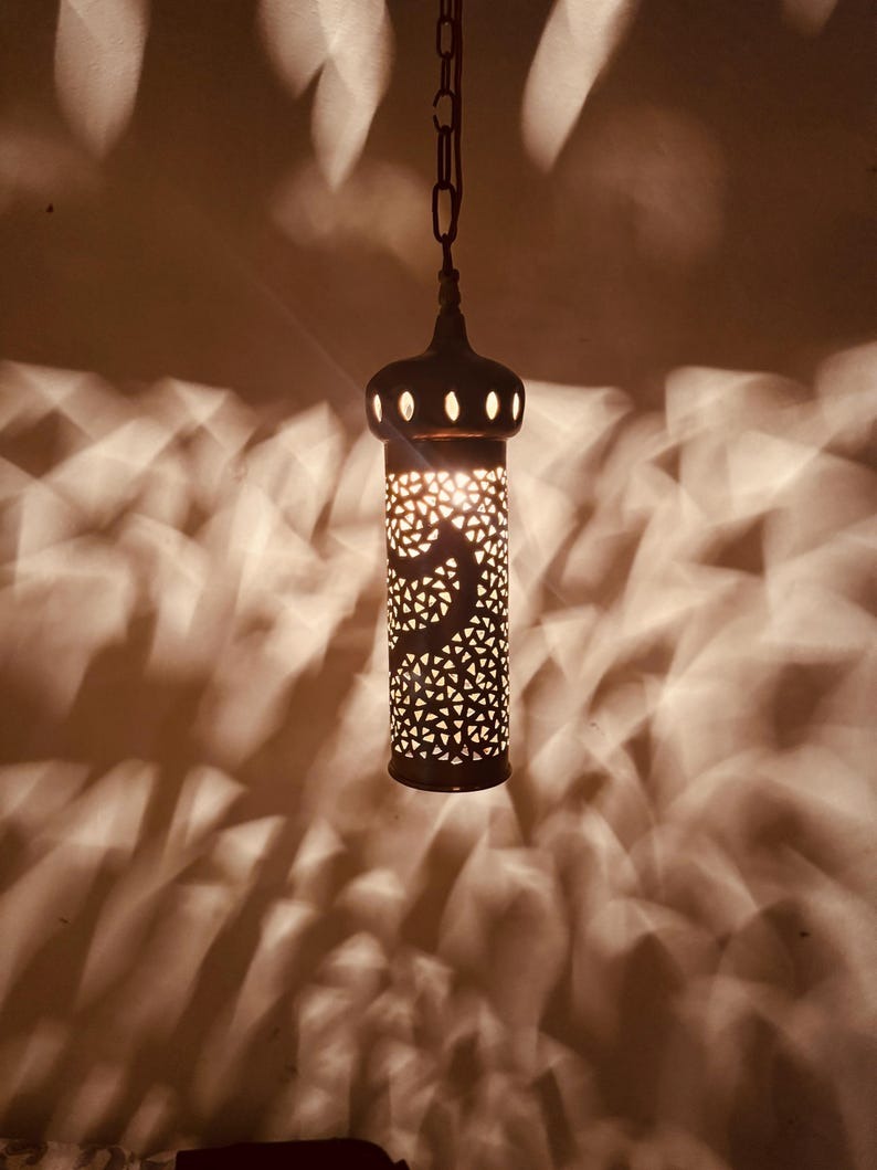 Moroccan Pierced Cylinder Lantern Pendant Light, Handmade Moorish Metal Hanging Lamp, Boho Arabic Shadow Chandelier, Rustic Black and Gold Ceiling Light Fixture