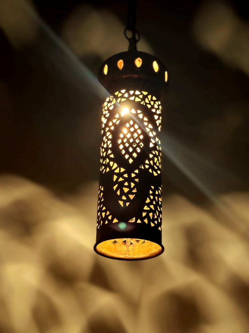 Moroccan Pierced Cylinder Lantern Pendant Light, Handmade Moorish Metal Hanging Lamp, Boho Arabic Shadow Chandelier, Rustic Black and Gold Ceiling Light Fixture