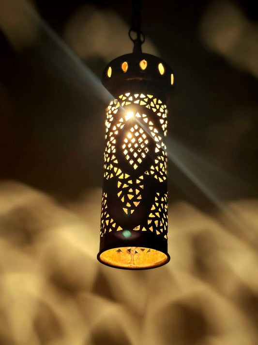 Moroccan Pierced Cylinder Lantern Pendant Light, Handmade Moorish Metal Hanging Lamp, Boho Arabic Shadow Chandelier, Rustic Black and Gold Ceiling Light Fixture