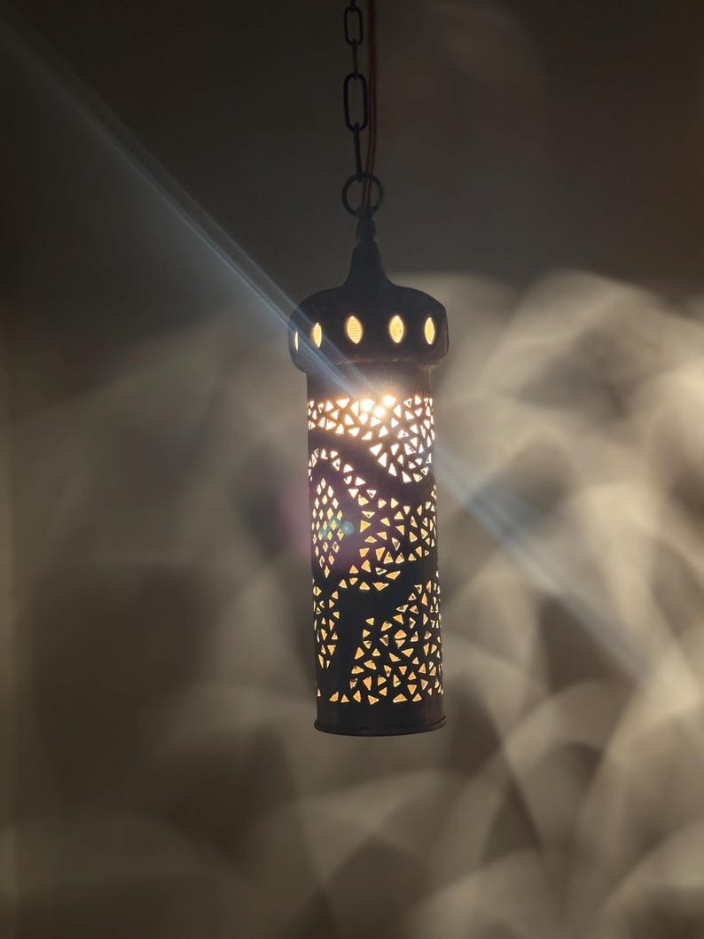 Moroccan Pierced Cylinder Lantern Pendant Light, Handmade Moorish Metal Hanging Lamp, Boho Arabic Shadow Chandelier, Rustic Black and Gold Ceiling Light Fixture