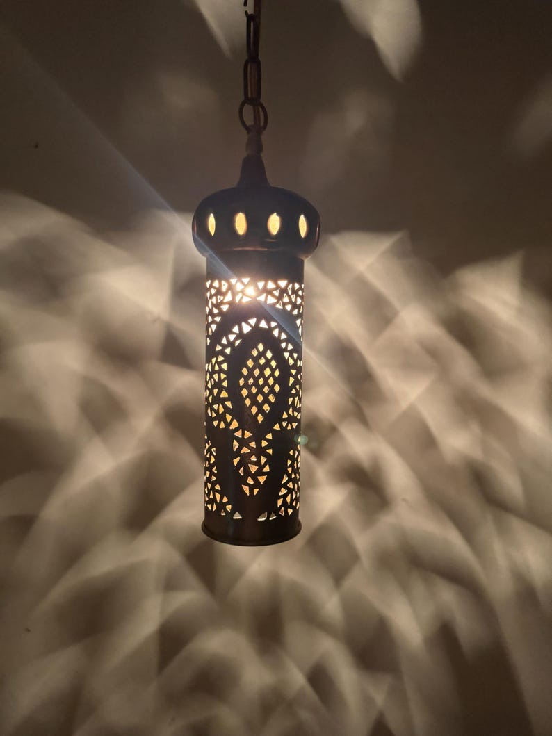 Moroccan Pierced Cylinder Lantern Pendant Light, Handmade Moorish Metal Hanging Lamp, Boho Arabic Shadow Chandelier, Rustic Black and Gold Ceiling Light Fixture