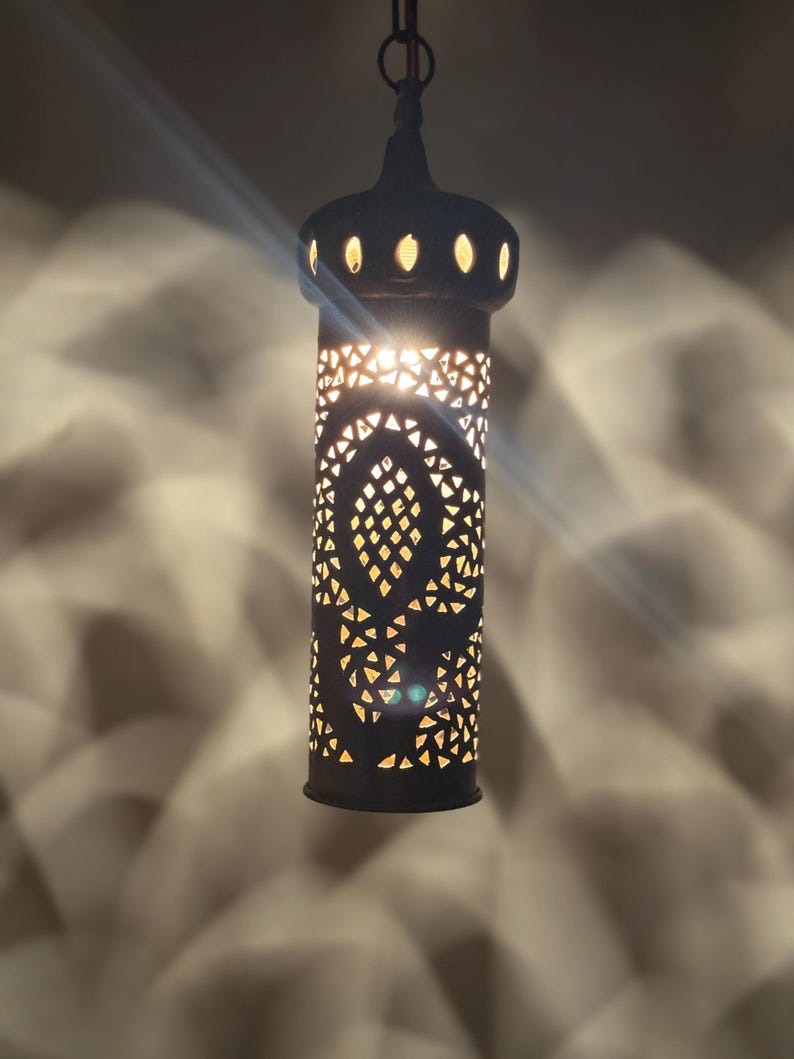 Moroccan Pierced Cylinder Lantern Pendant Light, Handmade Moorish Metal Hanging Lamp, Boho Arabic Shadow Chandelier, Rustic Black and Gold Ceiling Light Fixture