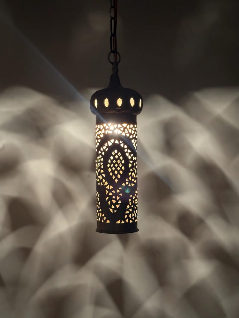 Moroccan Pierced Cylinder Lantern Pendant Light, Handmade Moorish Metal Hanging Lamp, Boho Arabic Shadow Chandelier, Rustic Black and Gold Ceiling Light Fixture