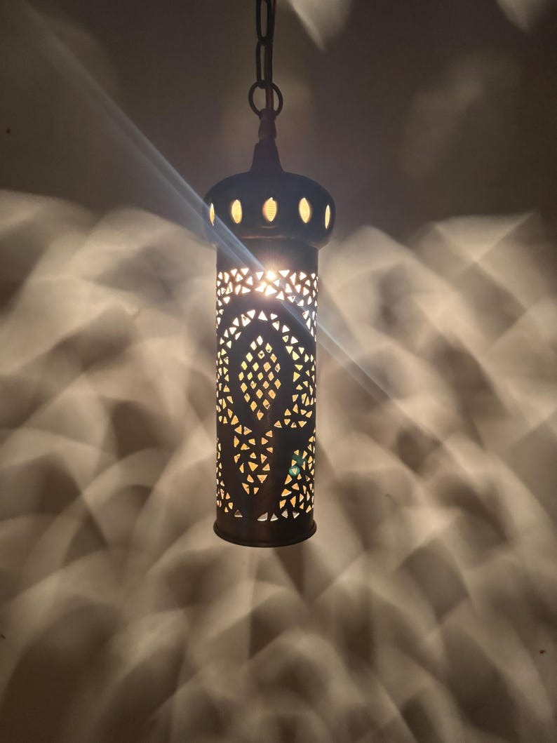 Moroccan Pierced Cylinder Lantern Pendant Light, Handmade Moorish Metal Hanging Lamp, Boho Arabic Shadow Chandelier, Rustic Black and Gold Ceiling Light Fixture