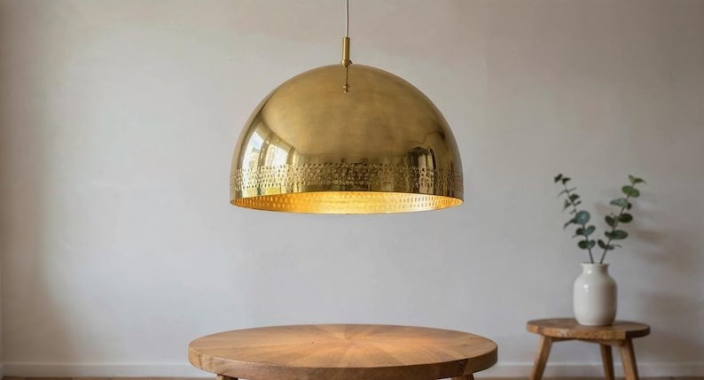 Polished Brass Dome Pendant Light, Handmade Moroccan Pierced Gold Brass Chandelier, Large Kitchen Island Hanging Lamp, Rustic Boho Farmhouse Dining Room Ceiling Light Fixture